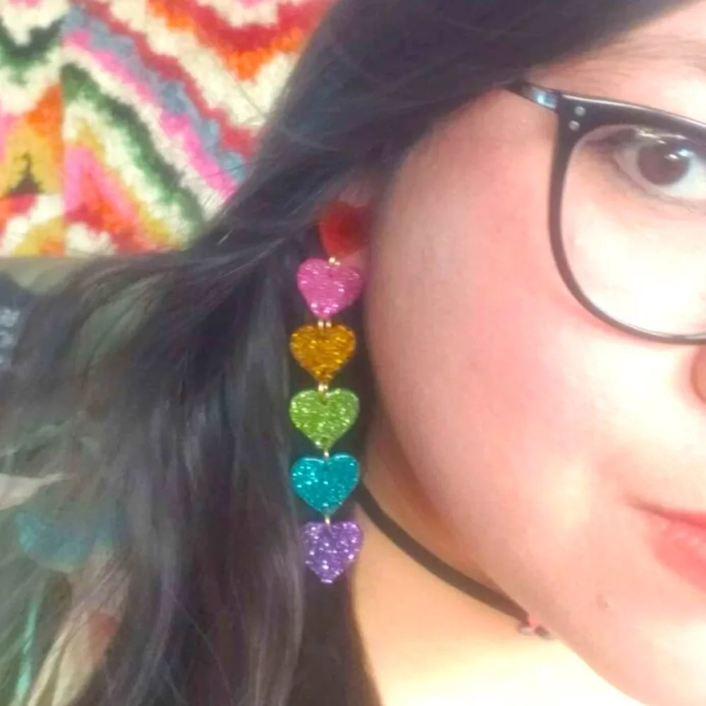 Vibrant❤️🌈Valentine Fun Rainbow Heart Linear Lightweight Statement Earrings - Picture 4 of 7